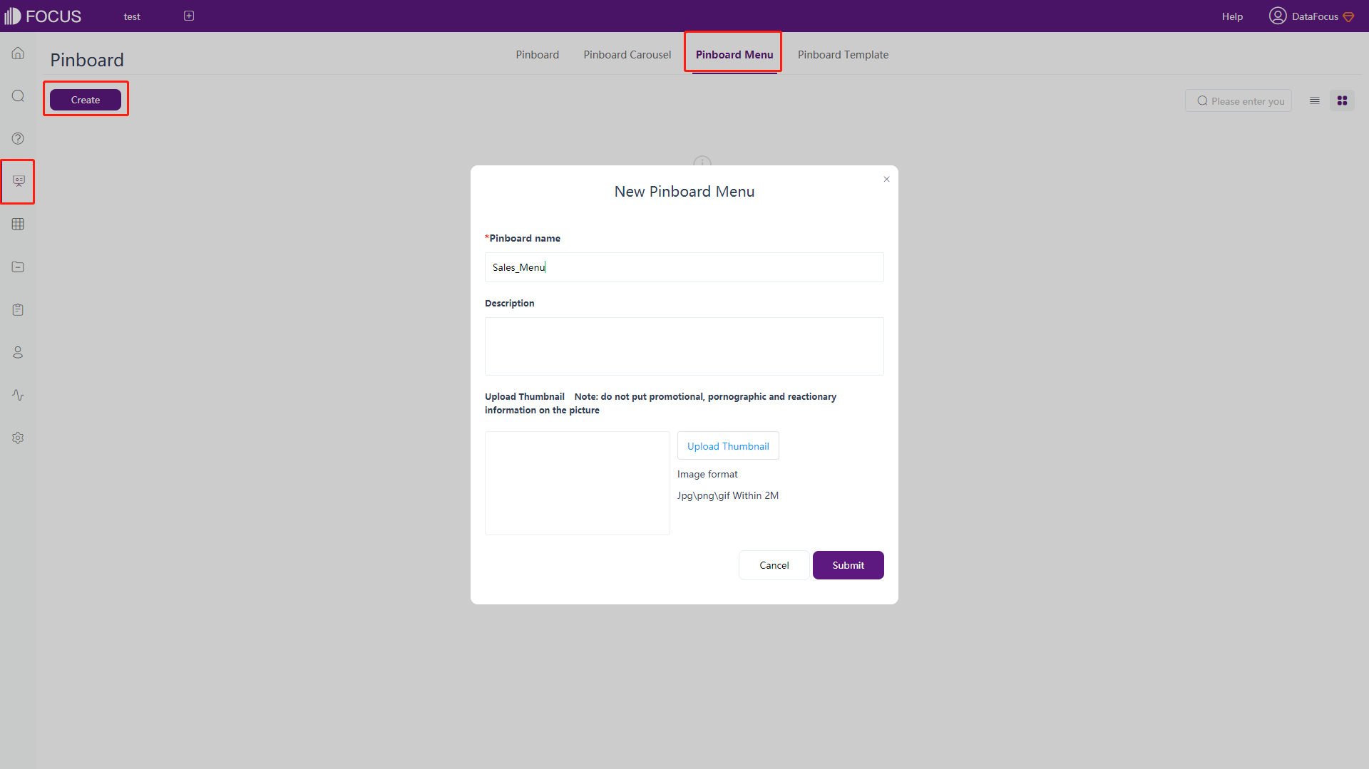 Figure 5-9-1 Create dashboard menu